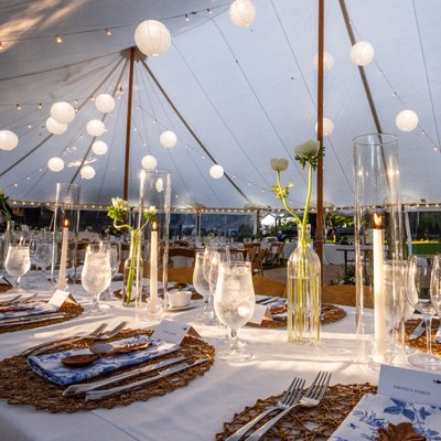 tented wedding reception w/ large white paper lanterns 