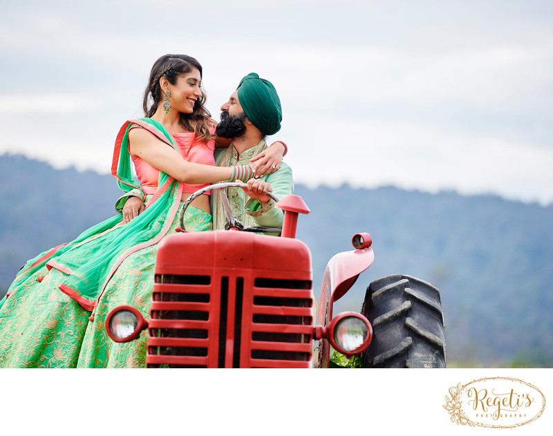 Punjabi Engagement Photo Session on a tractor located on the outskirts of  Northern Virginia