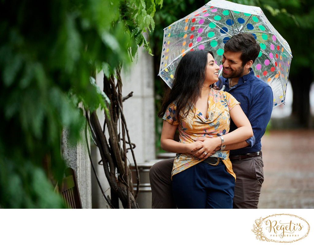 South Asian Couple's Engagement Photo in Rain