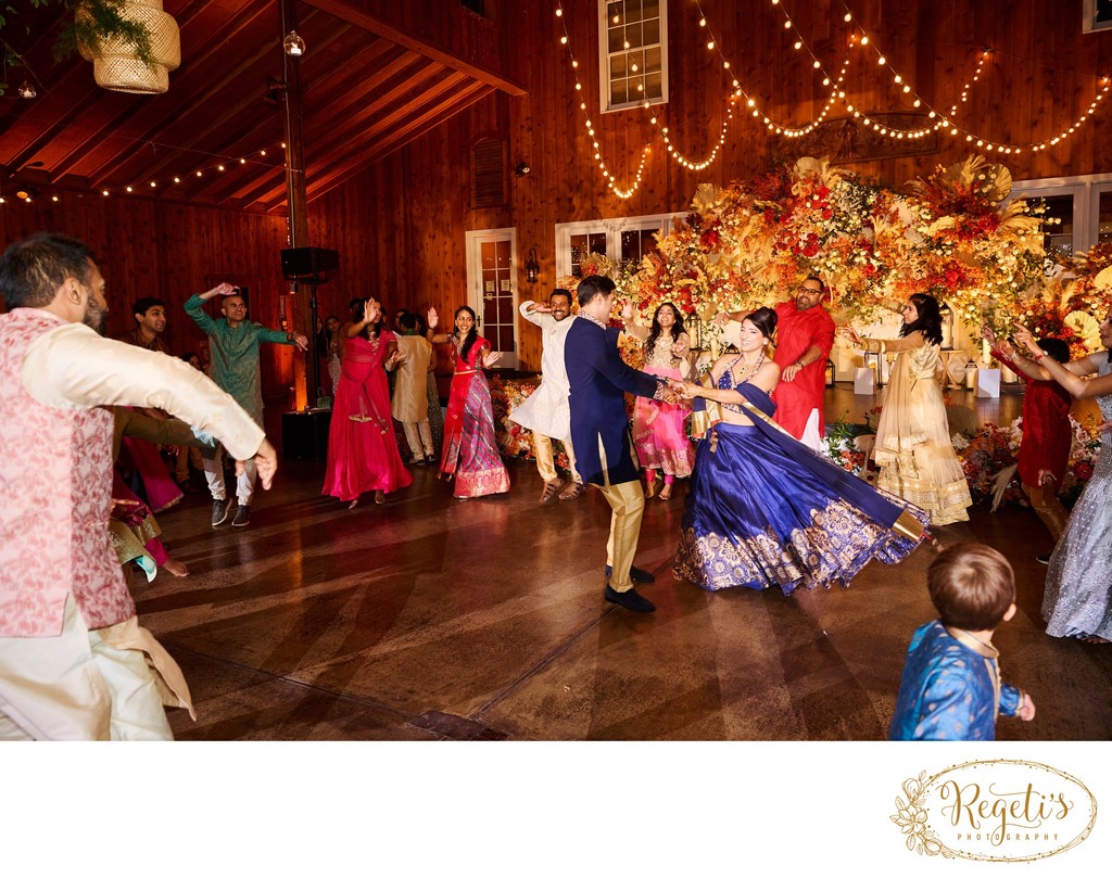 Wedding sangeet event celebrations and ceremonies at the Castle Hill Cider in Keswick, Virginia