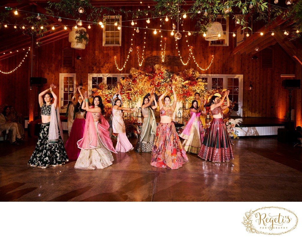 Wedding sangeet event celebrations and ceremonies at the Castle Hill Cider in Keswick, Virginia