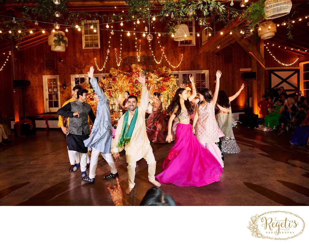 Wedding sangeet event celebrations and ceremonies at the Castle Hill Cider in Keswick, Virginia