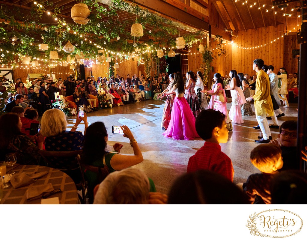 Wedding sangeet event celebrations and ceremonies at the Castle Hill Cider in Keswick, Virginia