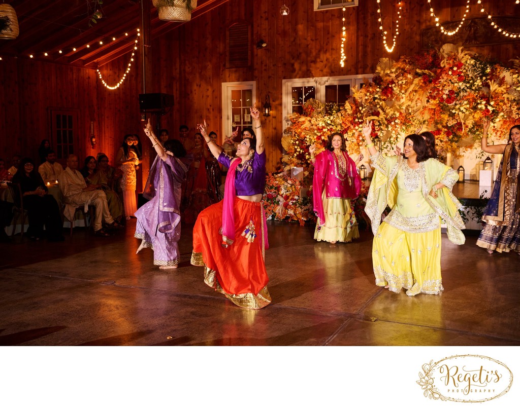 Wedding sangeet event celebrations and ceremonies at the Castle Hill Cider in Keswick, Virginia