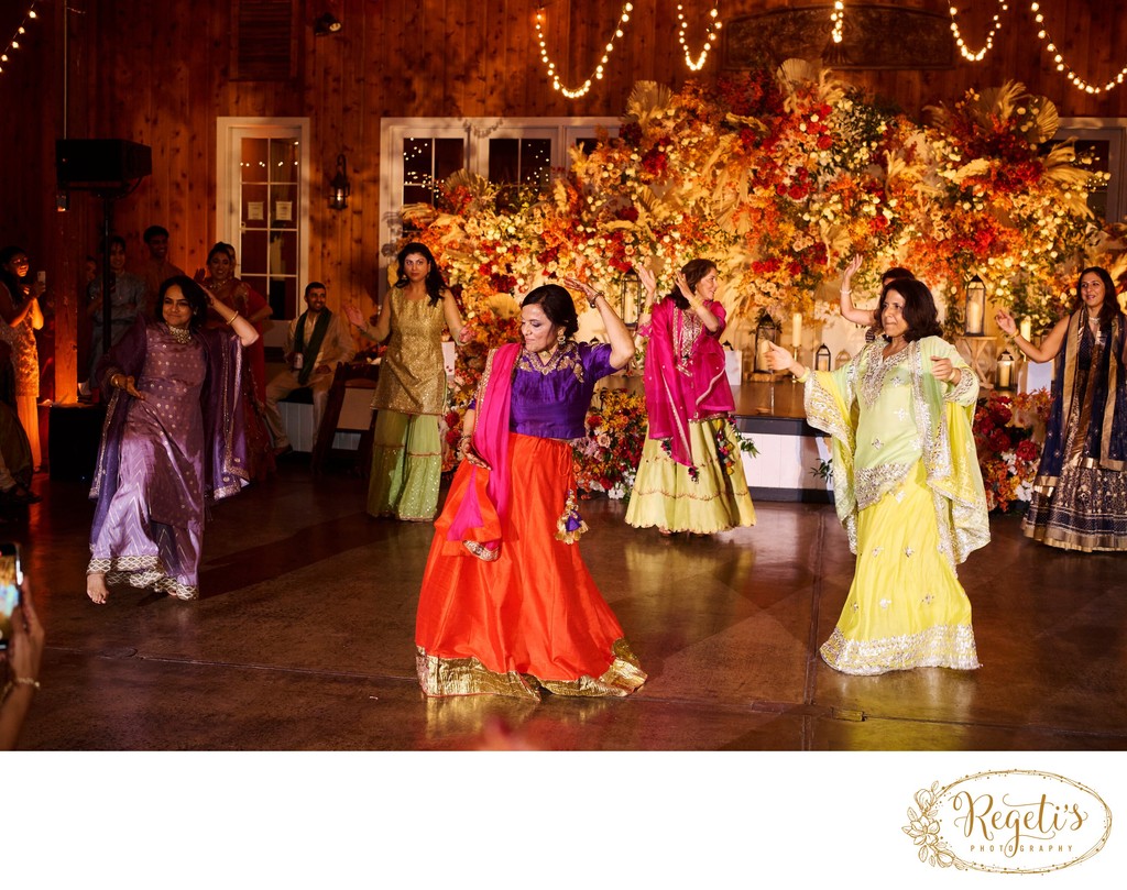 Wedding sangeet event celebrations and ceremonies at the Castle Hill Cider in Keswick, Virginia