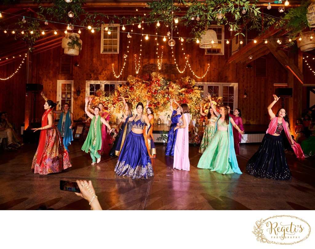 Wedding sangeet event celebrations and ceremonies at the Castle Hill Cider in Keswick, Virginia