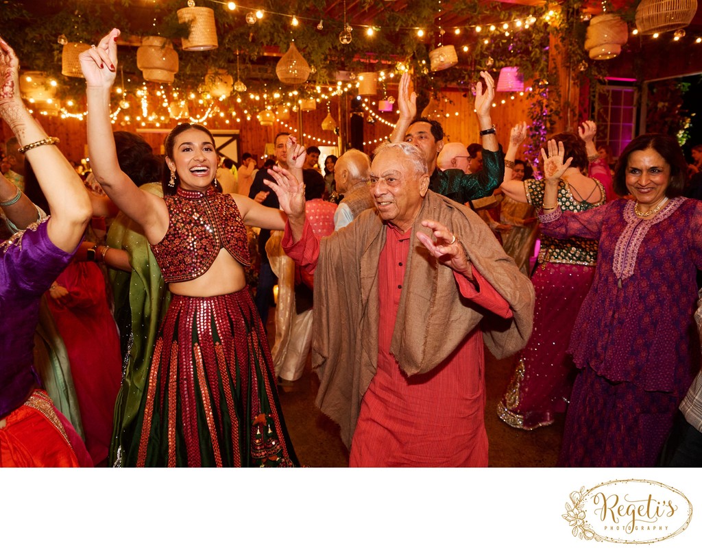 Wedding sangeet event celebrations and ceremonies at the Castle Hill Cider in Keswick, Virginia