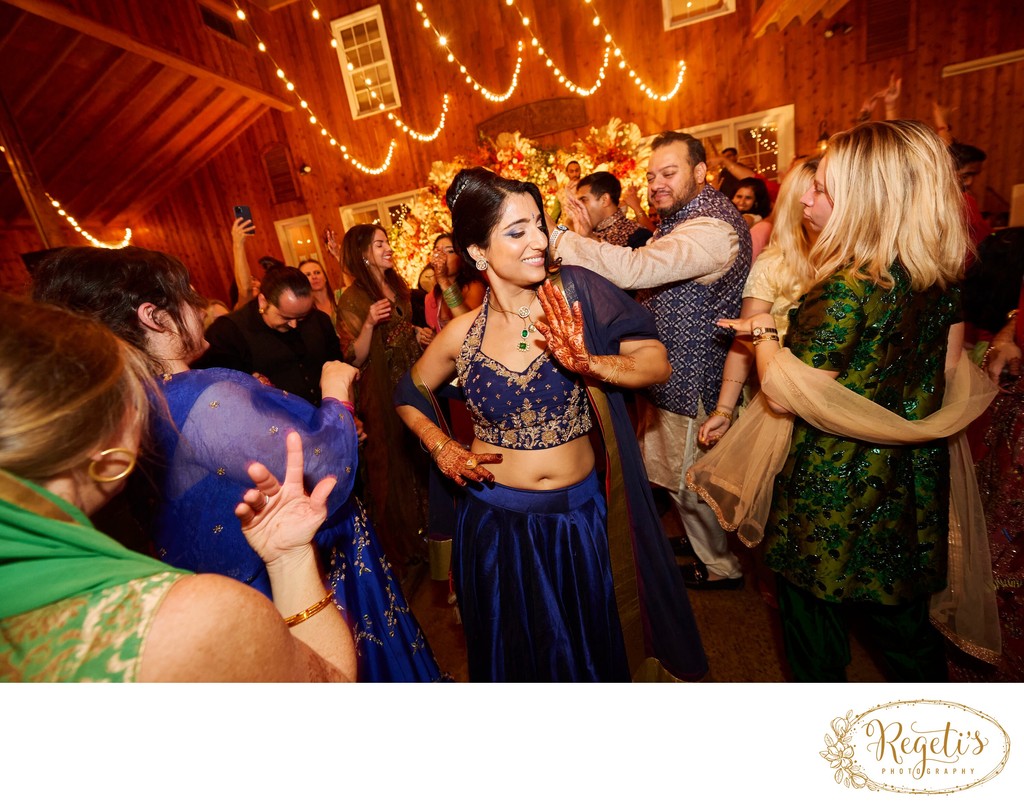 Wedding sangeet event celebrations and ceremonies at the Castle Hill Cider in Keswick, Virginia