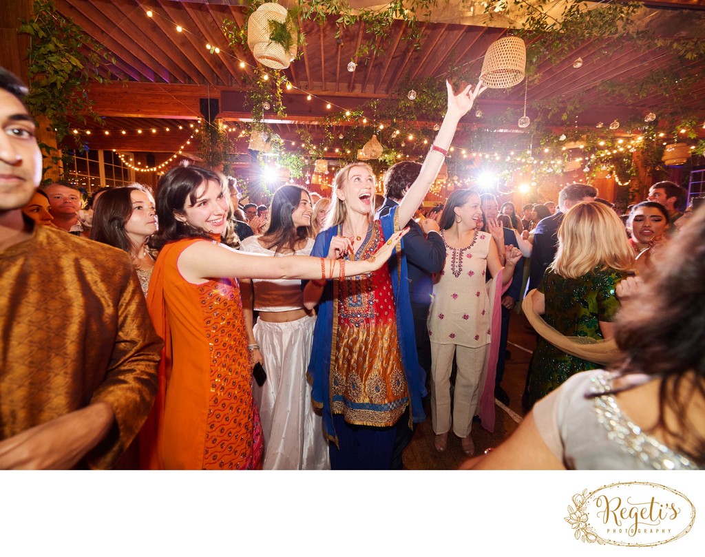 Wedding sangeet event celebrations and ceremonies at the Castle Hill Cider in Keswick, Virginia