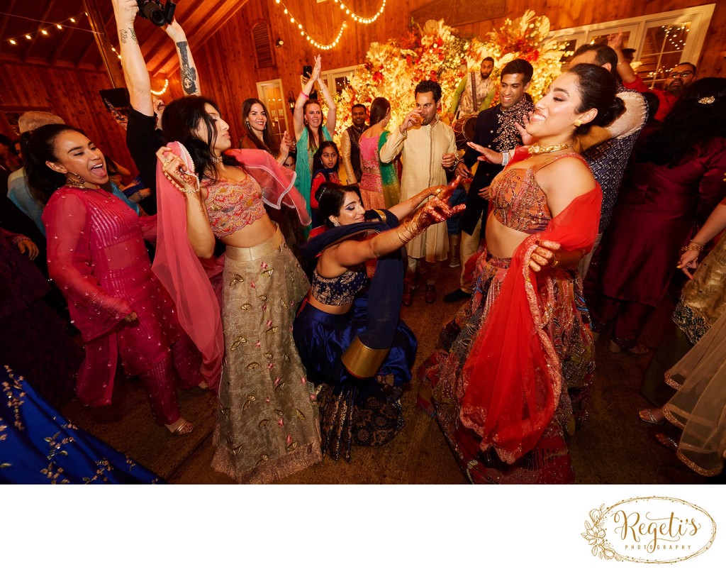 Wedding sangeet event celebrations and ceremonies at the Castle Hill Cider in Keswick, Virginia