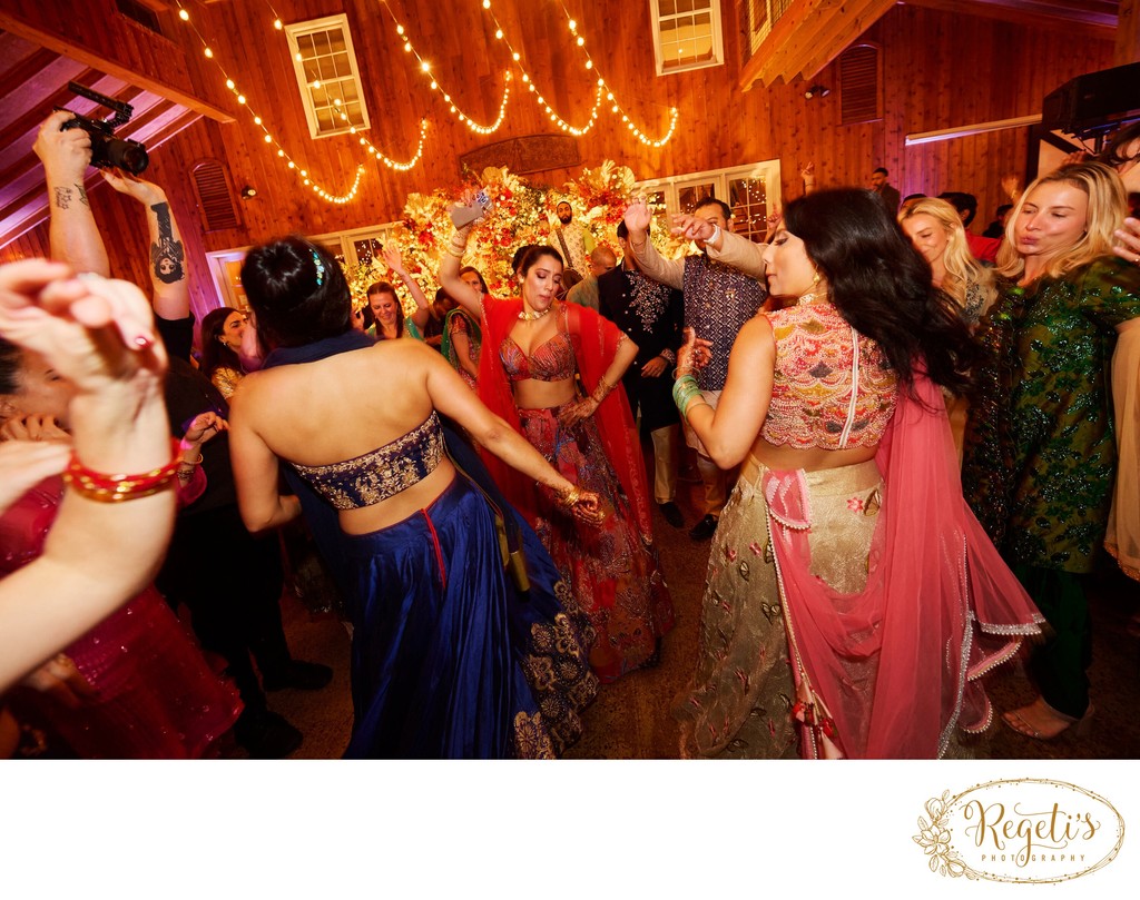 Wedding sangeet event celebrations and ceremonies at the Castle Hill Cider in Keswick, Virginia