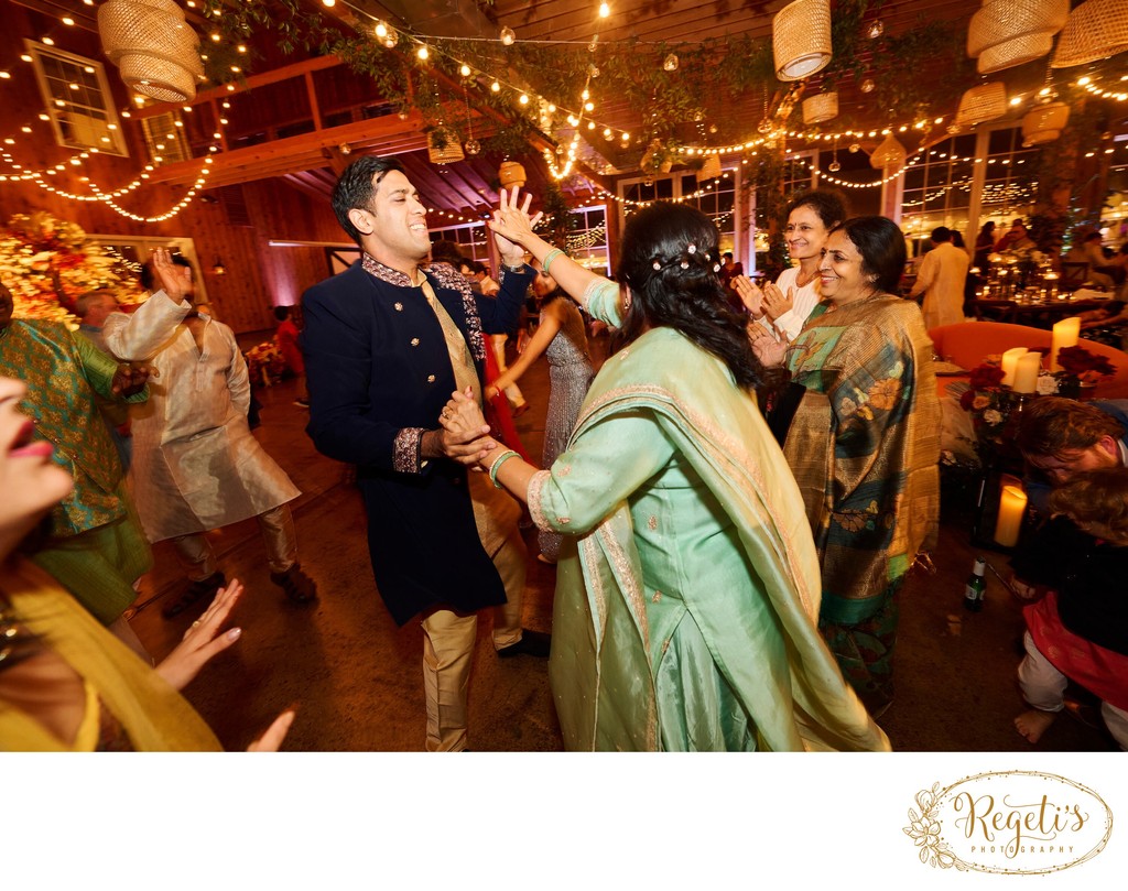 Wedding sangeet event celebrations and ceremonies at the Castle Hill Cider in Keswick, Virginia