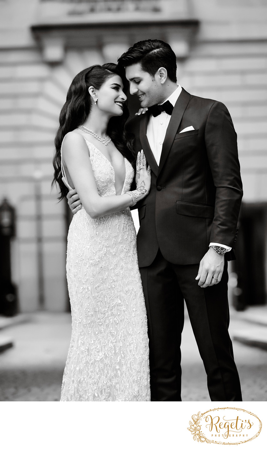 Bride and Groom in Black & White at Andrew Mellon Auditorium in DC