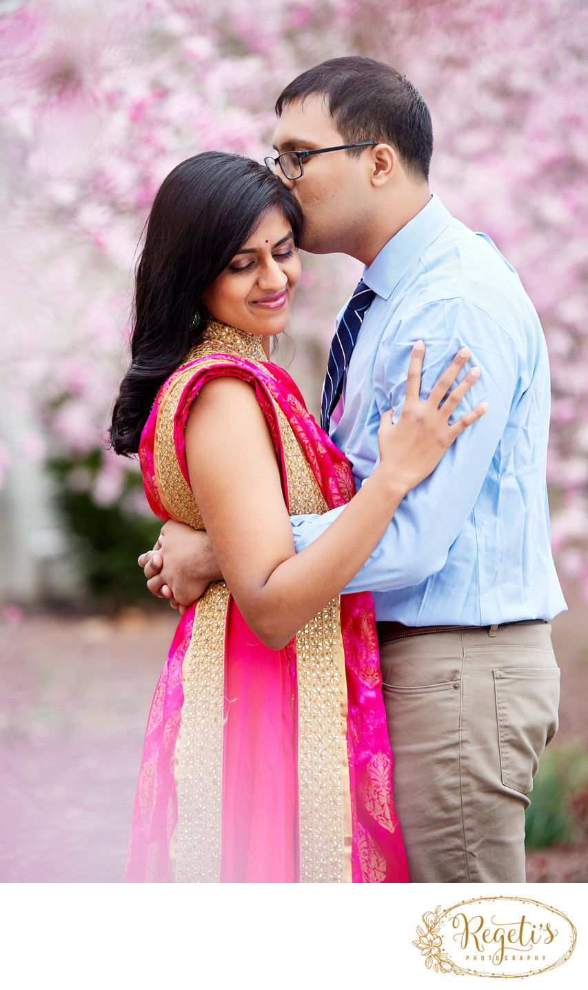 South Asian Bride and Groom during Cherry Blossoms, DC