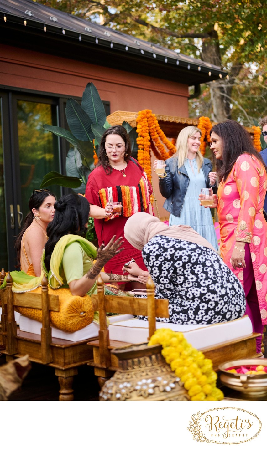 Wedding mehndi event celebrations and ceremony at bride’s private residence in Charlottesville, Virginia