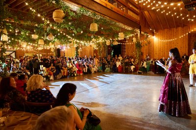 Wedding sangeet event celebrations and ceremonies at the Castle Hill Cider in Keswick, Virginia