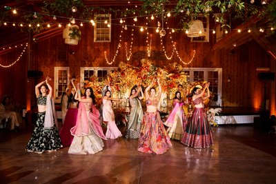 Wedding sangeet event celebrations and ceremonies at the Castle Hill Cider in Keswick, Virginia