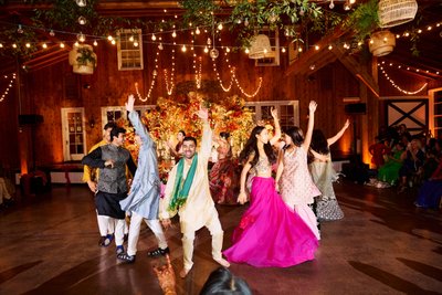 Wedding sangeet event celebrations and ceremonies at the Castle Hill Cider in Keswick, Virginia