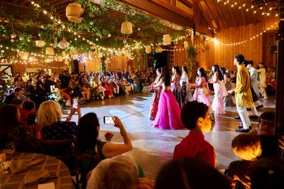 Wedding sangeet event celebrations and ceremonies at the Castle Hill Cider in Keswick, Virginia