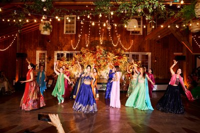 Wedding sangeet event celebrations and ceremonies at the Castle Hill Cider in Keswick, Virginia