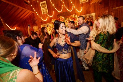 Wedding sangeet event celebrations and ceremonies at the Castle Hill Cider in Keswick, Virginia