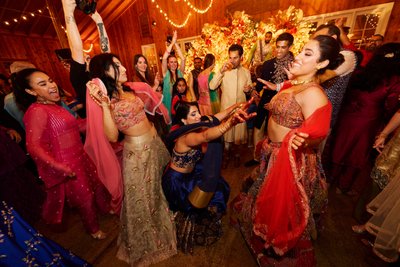 Wedding sangeet event celebrations and ceremonies at the Castle Hill Cider in Keswick, Virginia