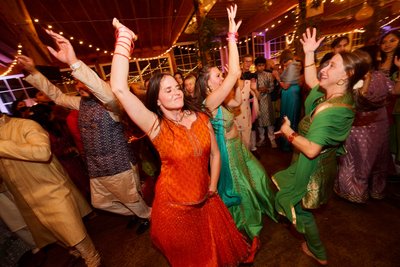 Wedding sangeet event celebrations and ceremonies at the Castle Hill Cider in Keswick, Virginia