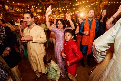 Wedding sangeet event celebrations and ceremonies at the Castle Hill Cider in Keswick, Virginia