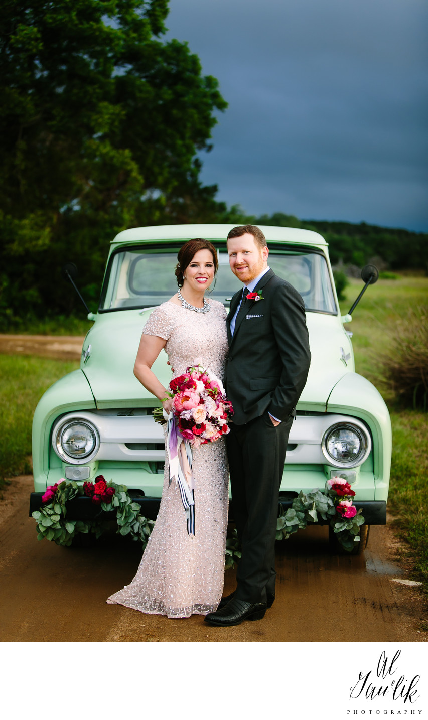 Pickup Truck, Flowers, Bride and Groom