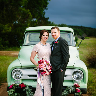 Pickup Truck, Flowers, Bride and Groom