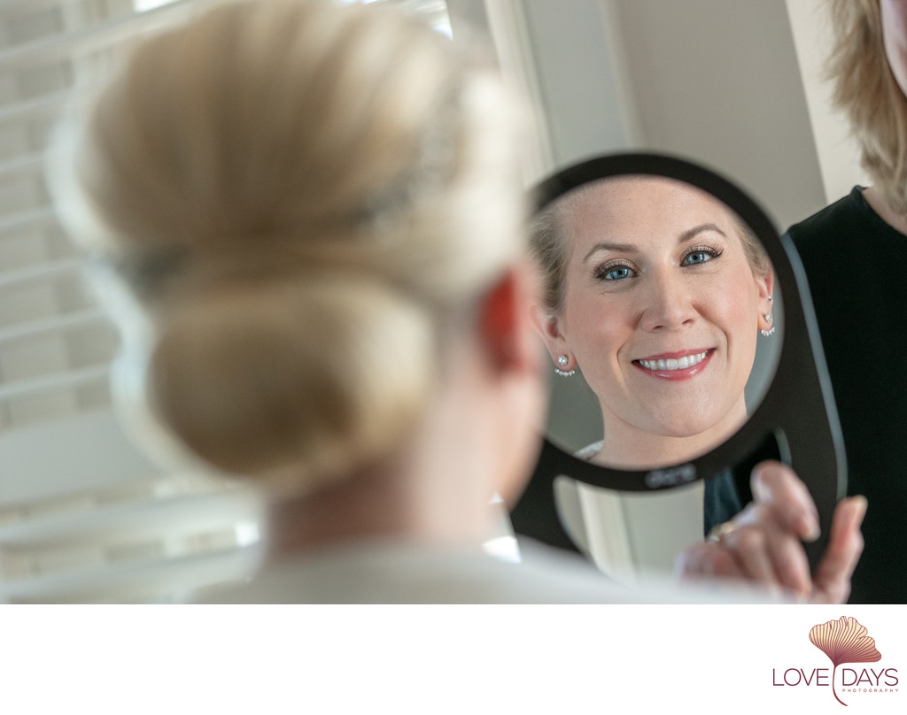 CBI Bride getting ready - Meredith in the mirror
