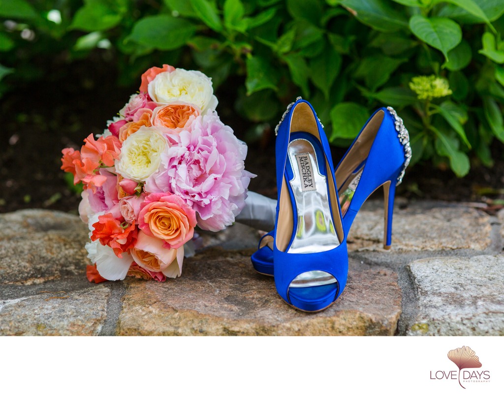 Wequassett Wedding blue bridal shoes and flowers