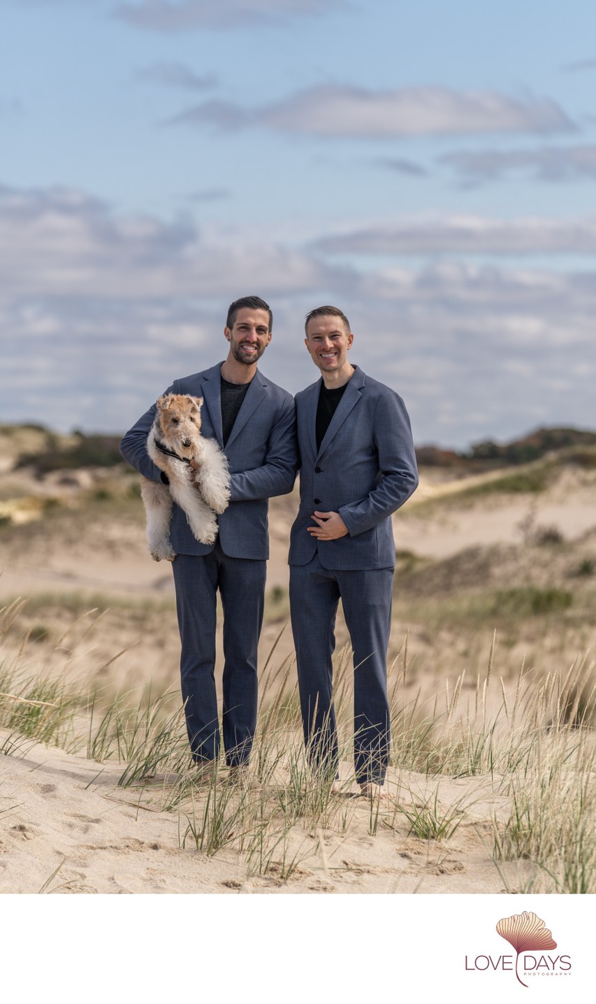 Two Grooms and a dog in Provincetown