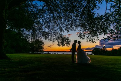 Blithewold Mansion Wedding Portrait at dusk. 