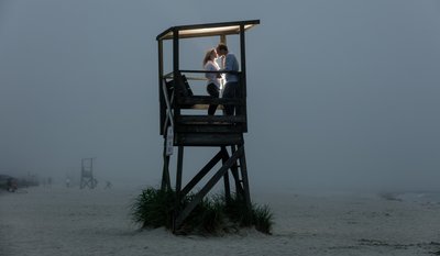 Red River Beach Engagement Session in the fog