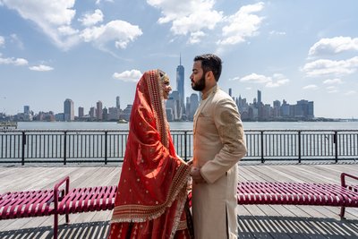 NYC Skyline Indian Wedding couple portrait