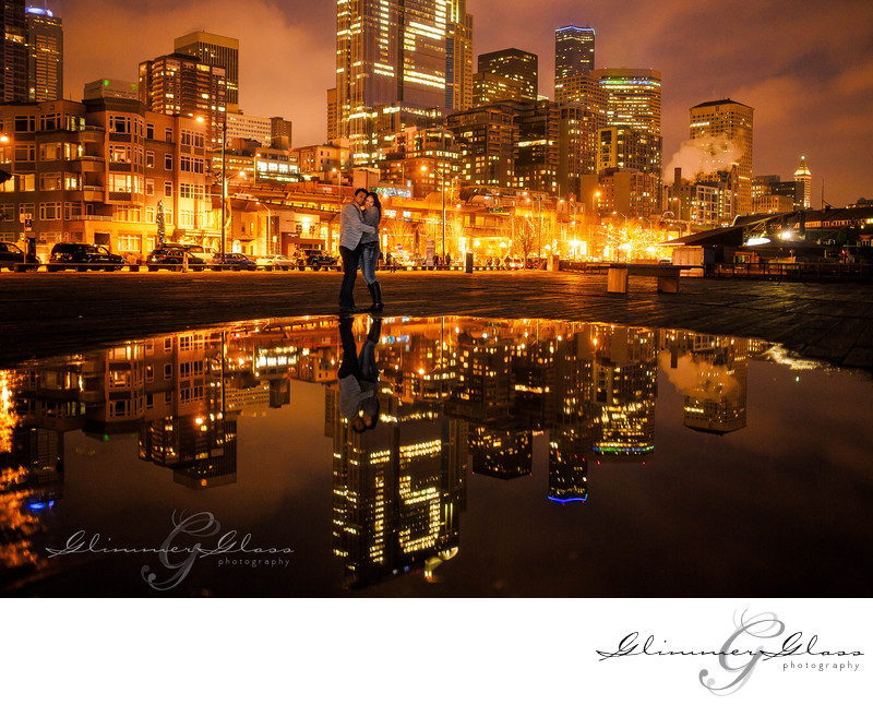 engagement night photography with reflection pool