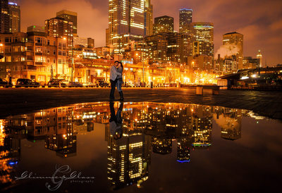 engagement night photography with reflection pool