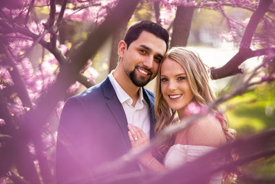 Engaged couple smiling in pink flowers