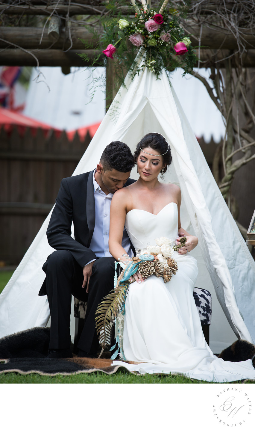 Bride and Groom in Peacock Garden at Fountain of Youth