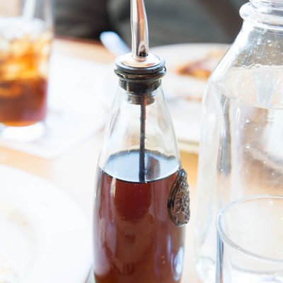 A bottle with maple syrup