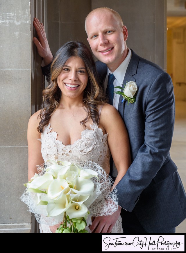 bride and groom portrait city hall