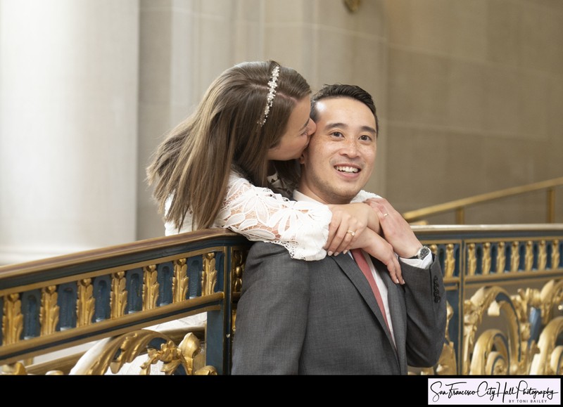 Candid moment for city hall bride and groom