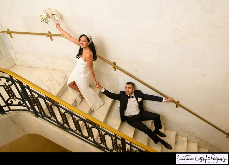 4th Floor wedding picture on the Stairs  -  Fun Bride and Groom picture