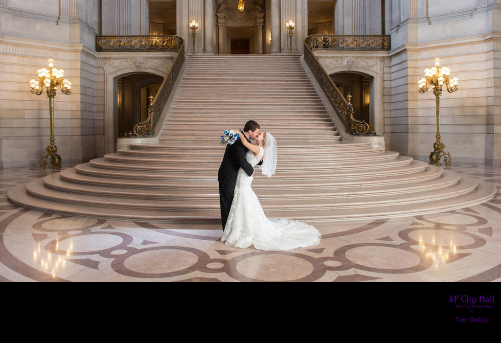 San Francisco City Hall Wedding Photographer - Staircase Kiss