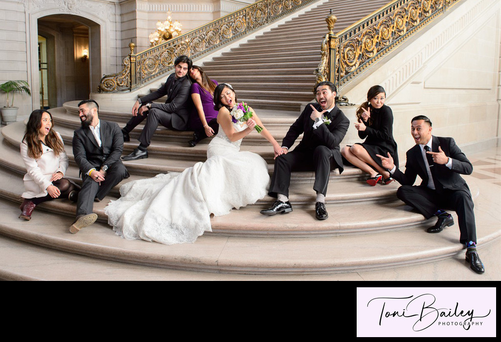 bridal party fun on the grand staircase
