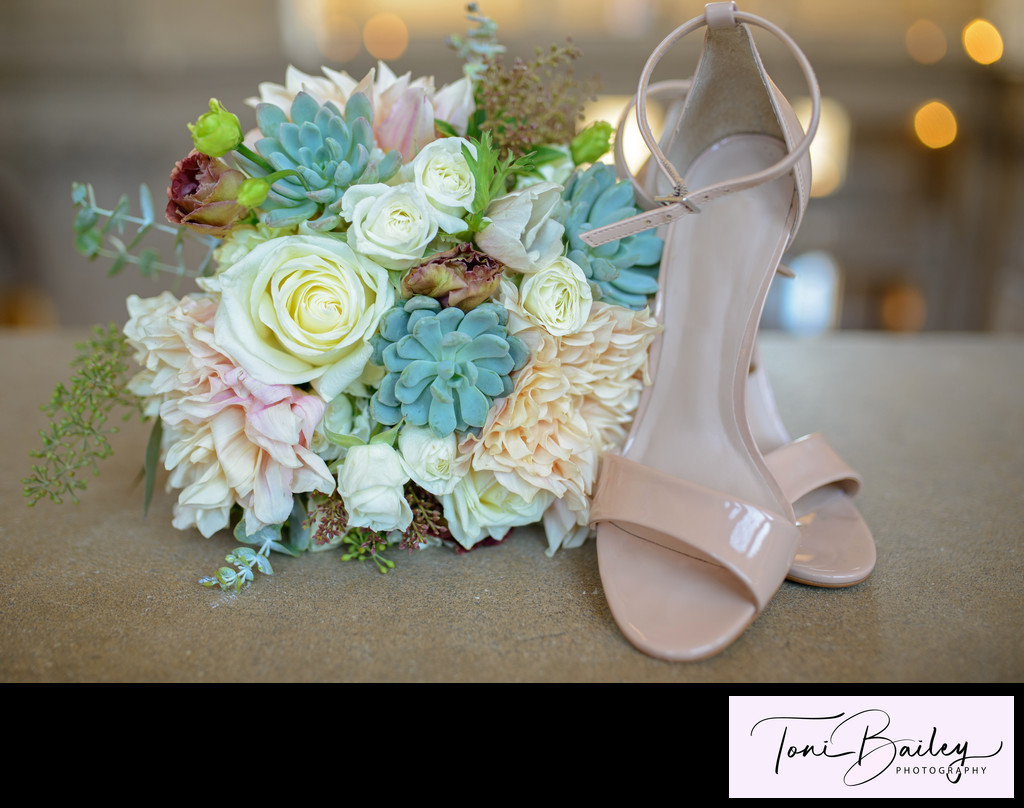simple shoes and wedding flowers