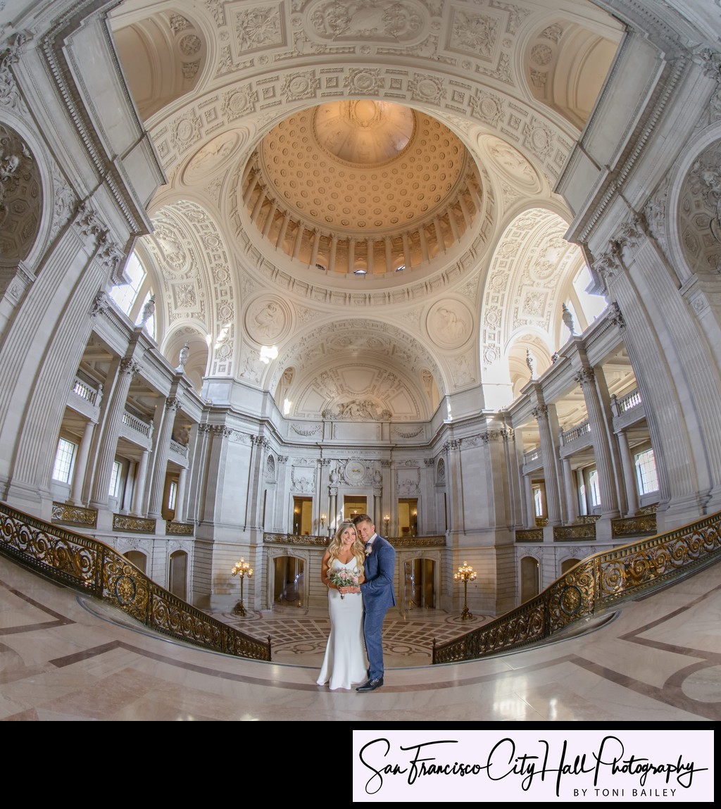 San Francisco City Hall Wedding Photographer - Bride and groom under Rotunda