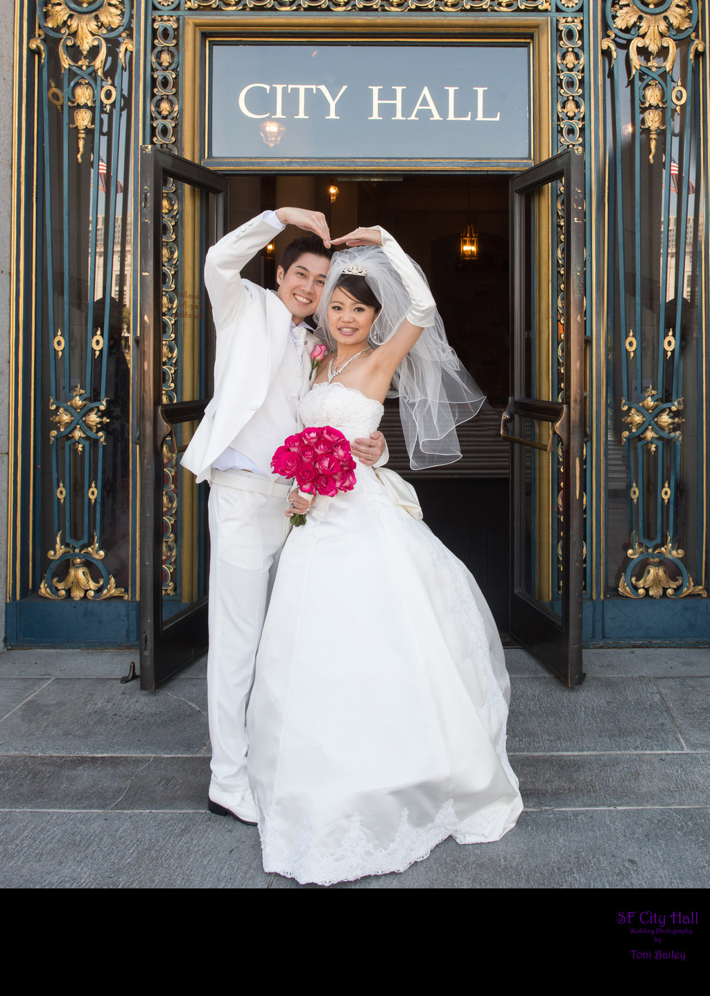 San Francisco City Hall Asian Wedding couple outside of the building