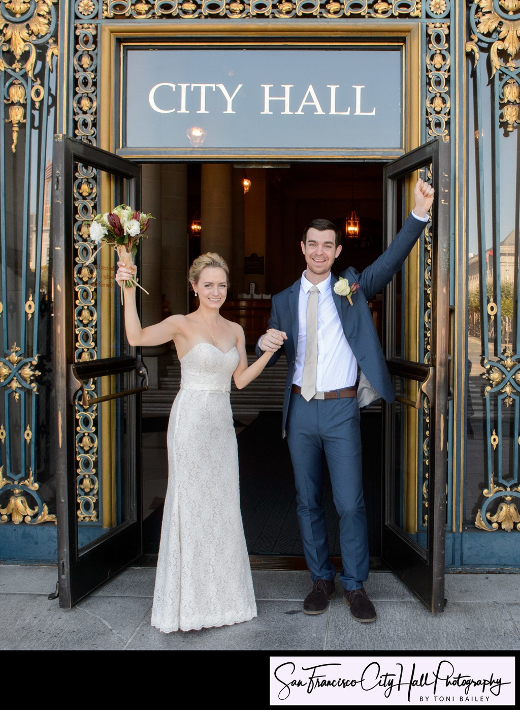 Newlyweds cheer as they depart San Francisco City Hall